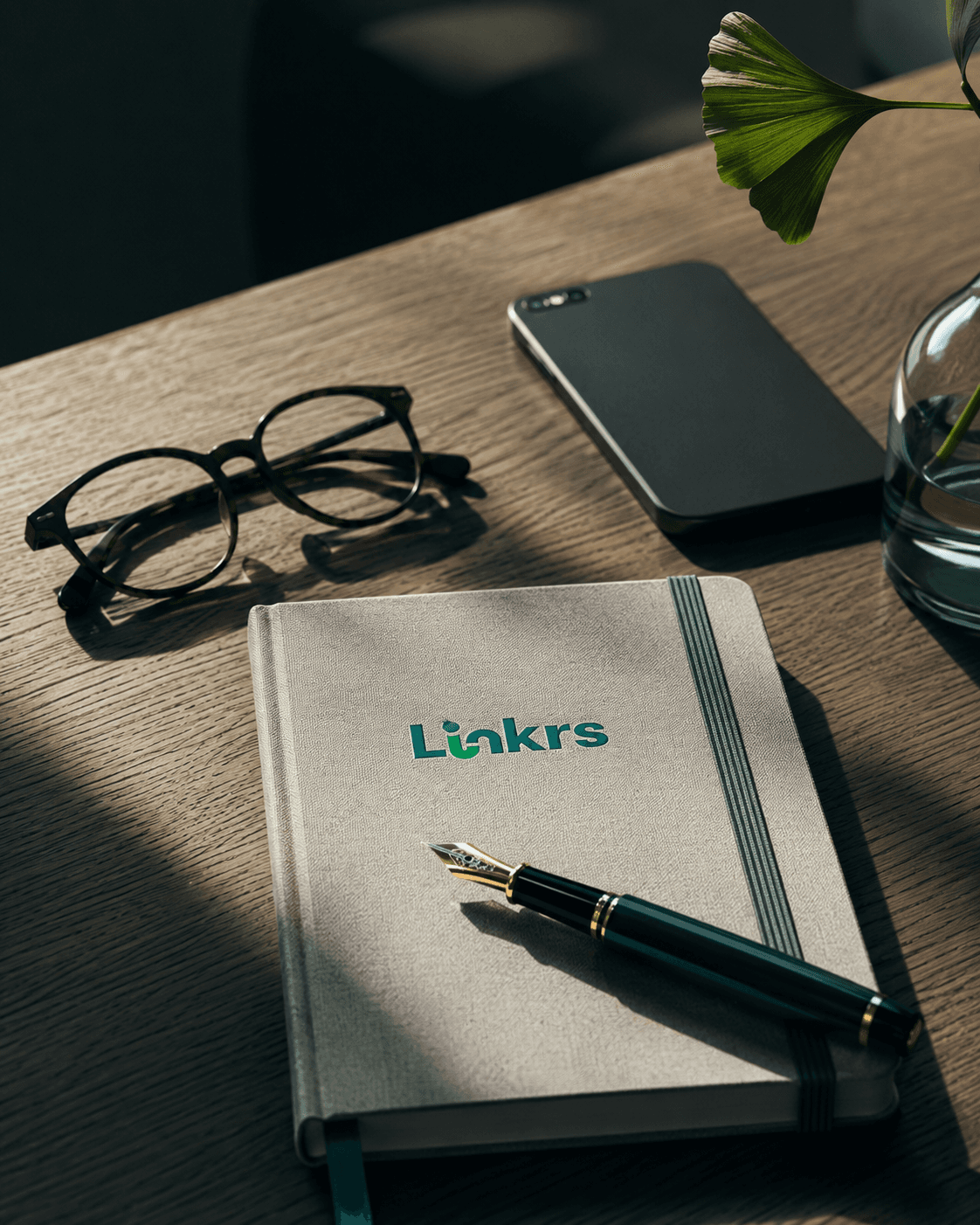 Een vulpen op een gesloten notitieboek op een eiken bureau